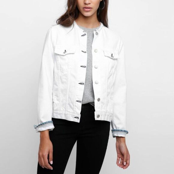 Rag & Bone Jacket Women L White Collarless Trucker Denim Trim Sleeve Frayed FLAW - Picture 1 of 16
